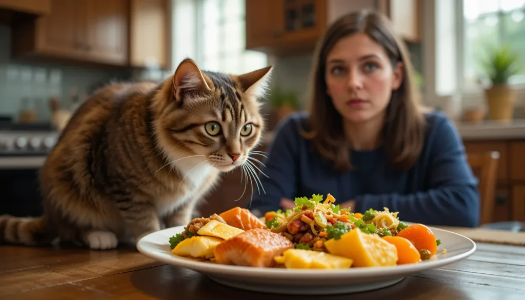 Gray cat with food – What Human Food Can Cats Eat