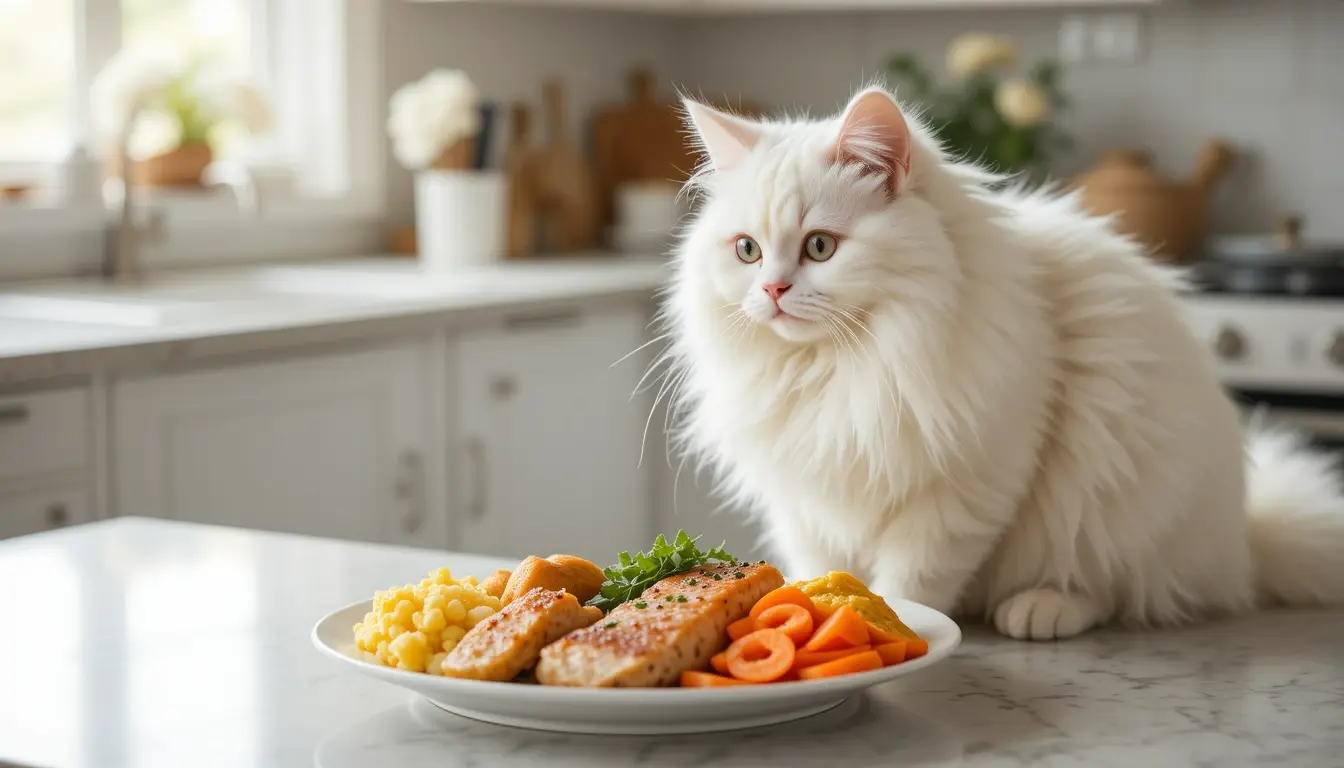 White Persian cat sitting on a kitchen counter in front of plates with meat and salad – What Human Food Can Cats Eat